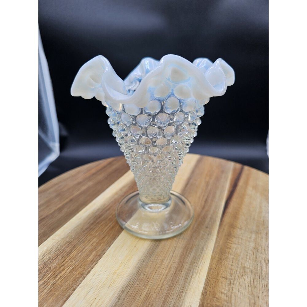 Vintage Fenton Moonstone Opalescent Hobnail Tulip Vase w/ Ruffled Edge
